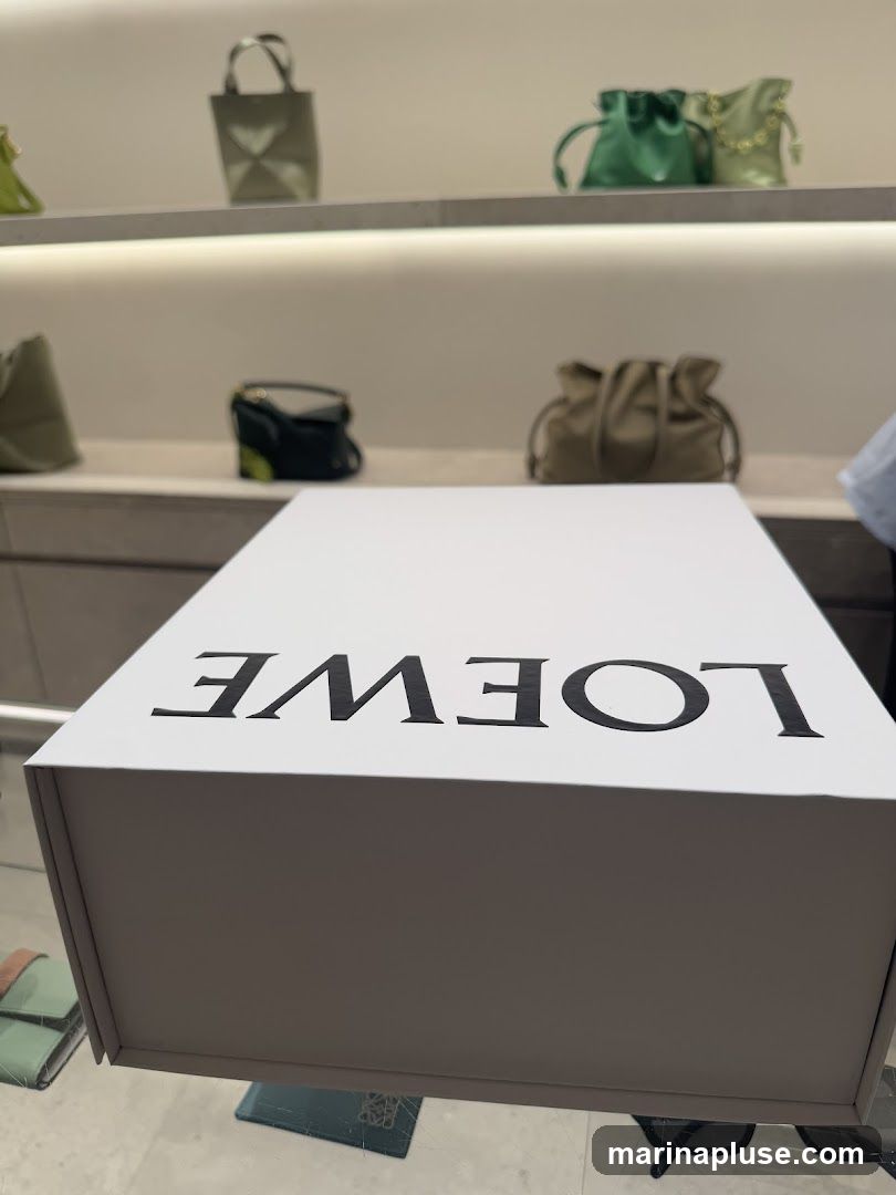 A white box with the Loewe logo printed in black on top. The box is placed on a glass surface, with shelves of handbags visible in the background.