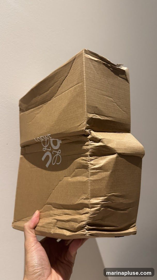 A hand holds a damaged cardboard box with a white logo printed on its side. The box appears to be made of brown corrugated cardboard and has several creases and dents, indicating it has been mishandled. The logo is partially obscured by the damage but appears to be a stylized script.