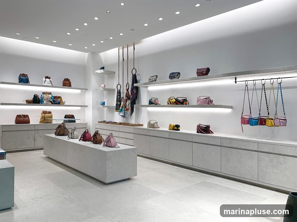 A well-lit, modern retail space displaying a variety of handbags and scarves on shelves and a central display. The store features minimalist design with white walls, grey stone flooring, and integrated lighting.