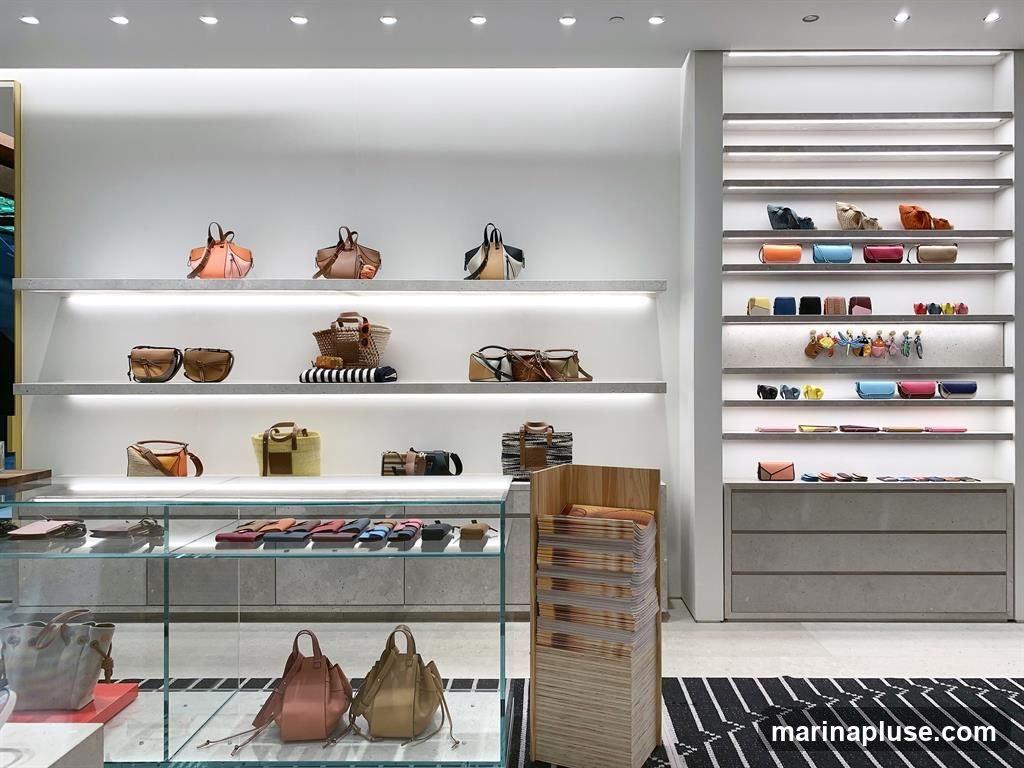 A well-lit retail display featuring a variety of handbags and accessories on shelves and in a glass case. The shelves are organized with different styles and colors of bags, including totes, crossbody bags, and clutches. A glass display case showcases smaller items like wallets and cardholders. A wooden stand filled with magazines or brochures is positioned in the foreground.