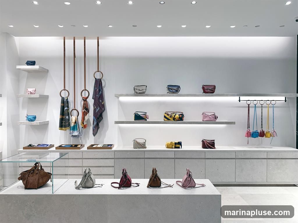 A well-lit retail display showcasing a collection of handbags and scarves. The store features minimalist shelving and display cases with a neutral color palette. On the shelves, various handbags in different sizes and colors are arranged, along with some scarves hanging from rings. A glass display case on the left holds a larger woven handbag. The foreground displays several smaller handbags on a counter.