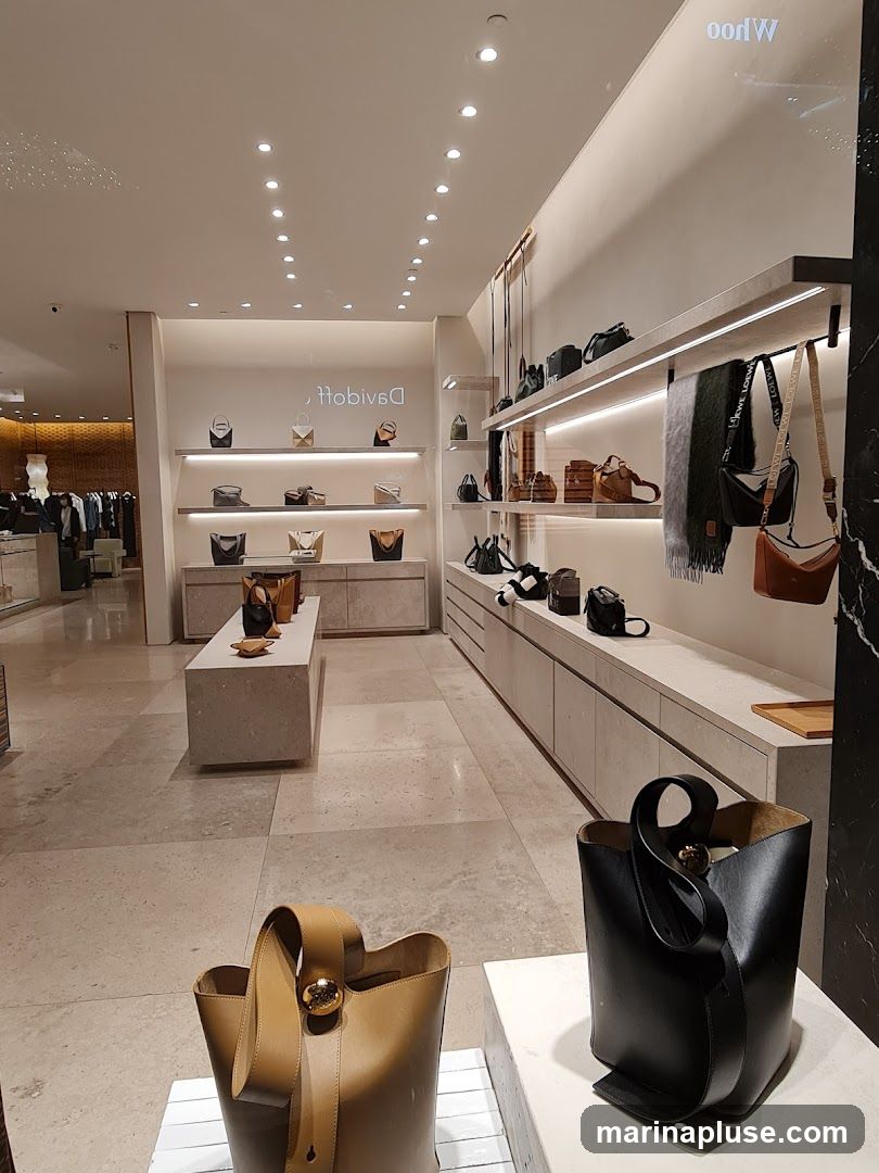 A well-lit interior of a high-end store showcasing a collection of designer handbags on shelves and display stands. The bags are in various styles and colors, with a focus on leather goods. The store features minimalist decor with neutral tones and modern lighting.