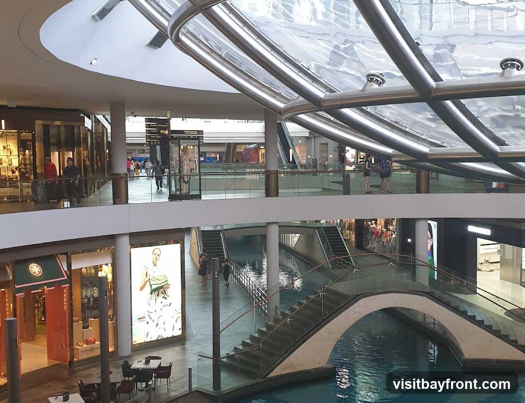 The image shows the interior of a multi-level shopping mall. A canal runs through the lower level, crossed by a decorative bridge. Escalators and walkways connect the different floors. Various shops are visible, including one with a large digital display featuring a model. People are seen walking around the mall. The architecture features a modern design with a glass and metal roof structure.