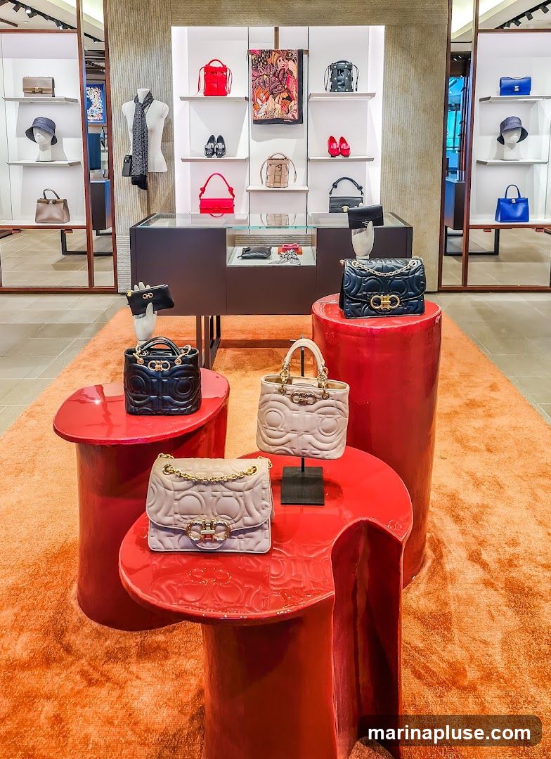 A retail display featuring various handbags and accessories. The handbags are showcased on red, sculptural stands and shelves. In the background, more handbags, shoes, scarves, and hats are displayed on white shelves within a modern store interior. The floor is covered with an orange, textured rug.