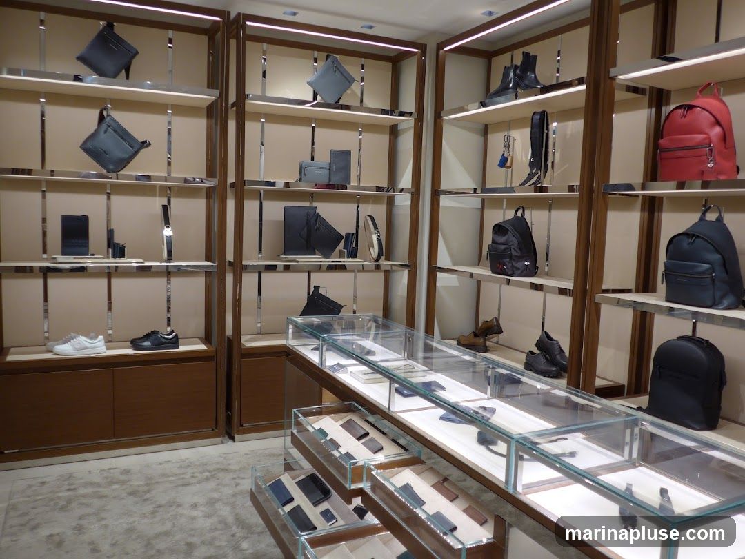 A well-lit retail store interior showcasing a variety of luxury accessories. Shelves are organized with handbags, wallets, shoes, and backpacks. Display cases in the foreground hold smaller leather goods. The overall aesthetic is modern and minimalist, with warm wood accents and polished metal shelving.