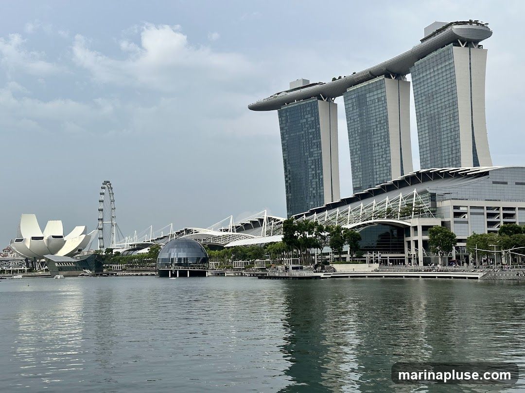A wide shot of the Marina Bay Sands complex in Singapore, with its iconic three towers connected by a sky-high platform. In the foreground, a body of water reflects the cloudy sky and the buildings. To the left, the ArtScience Museum, shaped like a lotus flower, is visible, along with the Singapore Flyer Ferris wheel. The complex features modern architecture with extensive glass facades and a distinctive roof structure over the convention center. People can be seen walking along the waterfront promenade.