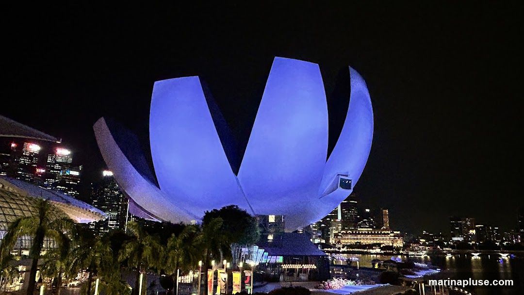 The ArtScience Museum in Singapore is illuminated with blue light at night. The building's distinctive lotus-flower shape is prominent against the dark sky. In the background, the city skyline is visible with its illuminated buildings and a body of water reflecting the lights. Palm trees and other greenery are in the foreground, along with some structures that appear to be part of the waterfront area.