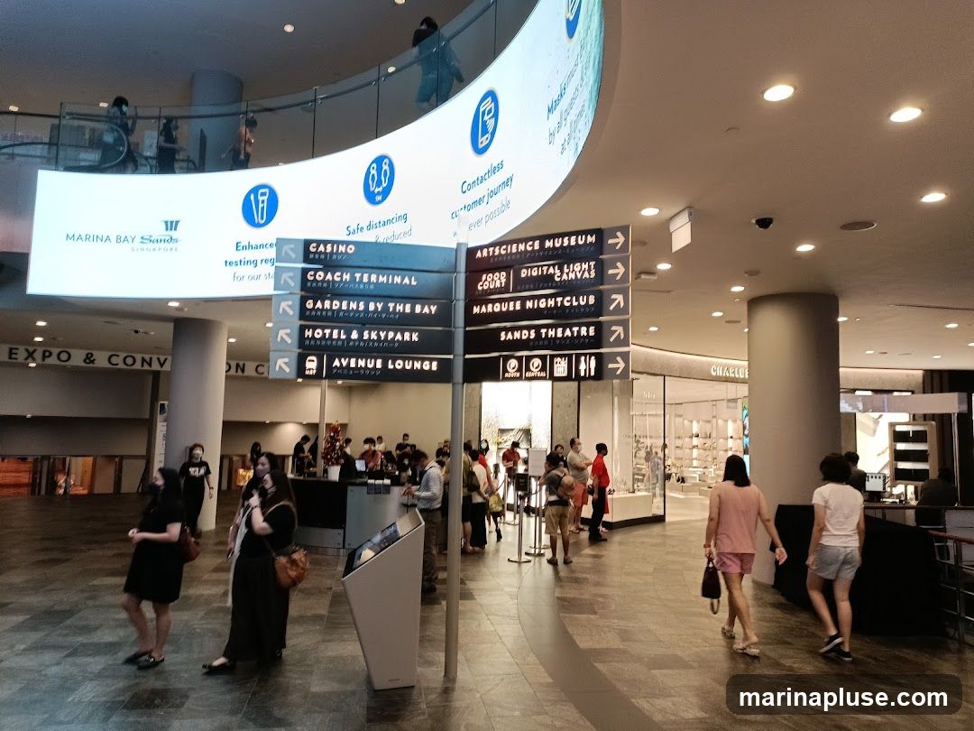 An interior view of a large, modern building with people walking around. A large curved screen displays information about Marina Bay Sands Singapore, including