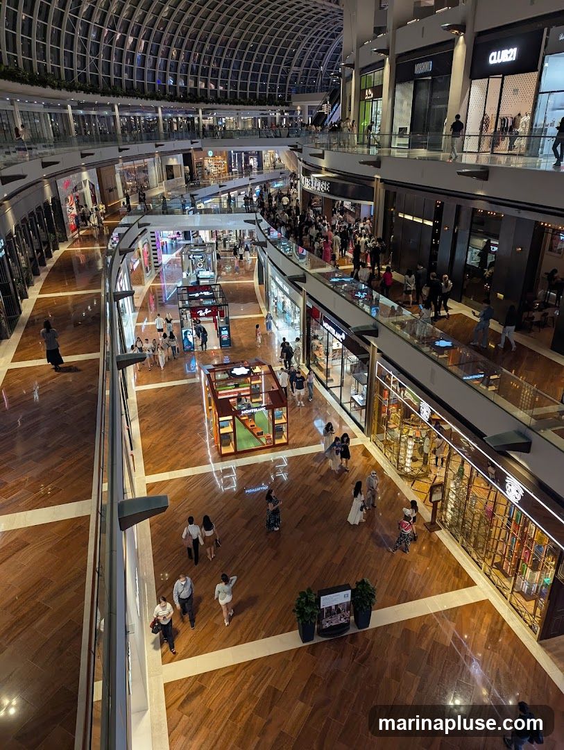 An aerial view of a multi-level shopping mall with a large, arched glass ceiling. The mall is filled with shoppers browsing various stores. The floors are made of polished wood, and there are escalators and walkways connecting different levels. Several storefronts are visible, including brands like Montblanc and Club 21.