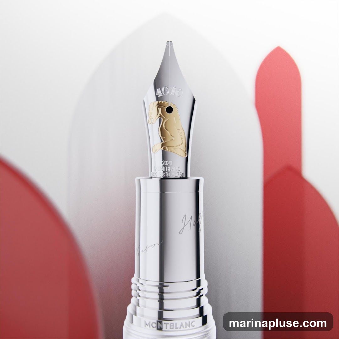 A close-up, detailed shot of a Montblanc fountain pen. The nib is silver with gold inlay depicting a horse, and engraved with '4810', '2020', 'MONTBLANC', and '18K 750'. The barrel of the pen is silver with engraved signatures and the Montblanc logo at the base. The background is abstract with soft red shapes.