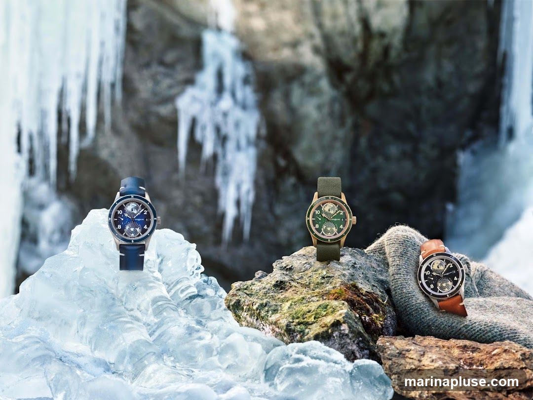 Three watches are showcased against a backdrop of icicles and rocky terrain. The watch on the left has a dark blue dial and strap, positioned on a block of ice. The middle watch features a green dial and a khaki strap, resting on a mossy rock. The watch on the right, with a black dial and brown leather strap, is placed on a textured grey fabric, possibly a sweater. The overall scene evokes a sense of adventure and resilience.