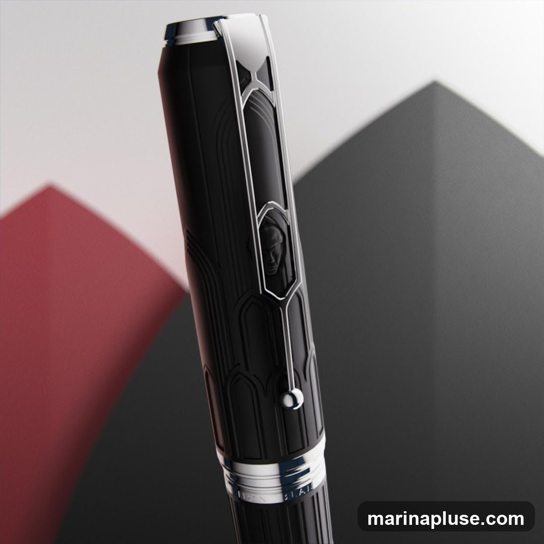 A close-up, detailed shot of the cap of a black pen. The cap features intricate silver-toned detailing, including architectural-like patterns and a small, sculpted face. The pen has a metallic band near the bottom with visible text. The background is abstract, with curved planes of red and dark gray.
