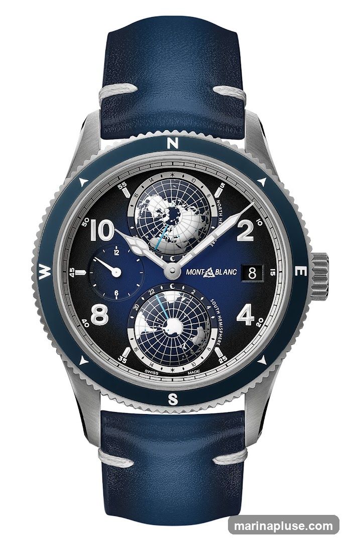 A close-up studio shot of a Montblanc watch with a blue leather strap. The watch face is dark blue with a black outer ring. It features two globes representing the Northern and Southern Hemispheres, a date window at 3 o'clock, and a small seconds subdial at 9 o'clock. The bezel is rotatable and marked with cardinal directions (N, E, S, W) and minute markers.