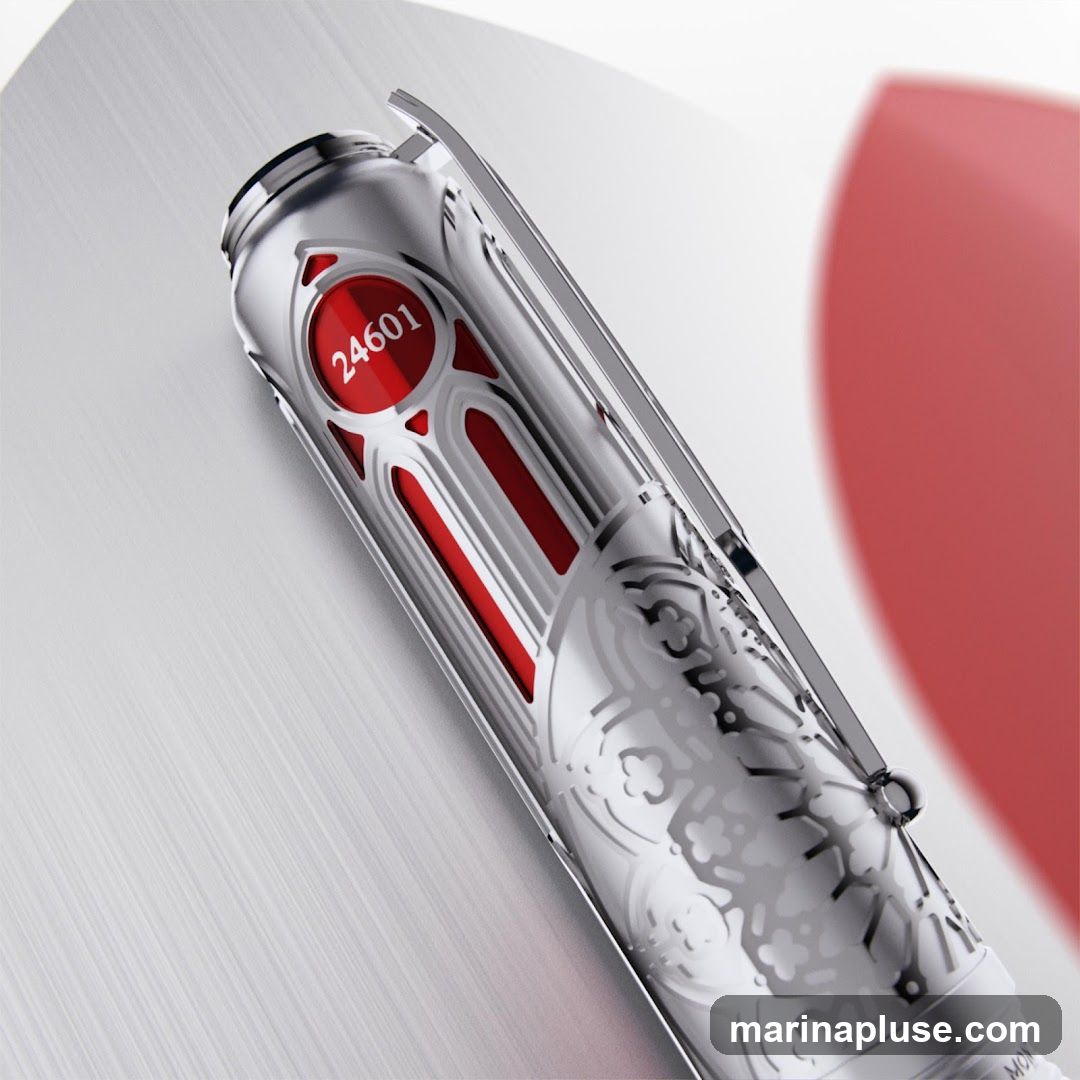 A close-up, angled shot of a silver and red limited edition pen. The pen features intricate silver detailing resembling architectural elements and a red circular emblem with the number '24601' in white. The background is a brushed metal surface with a soft red blur on the right.