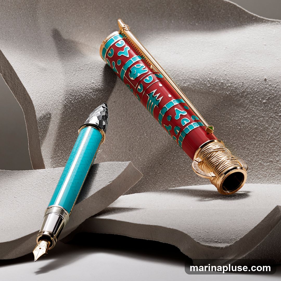 Two ornate pens are displayed on a textured gray surface. The pen on the left is turquoise with a silver cap and gold nib. The pen on the right is red with turquoise decorative patterns and gold accents.