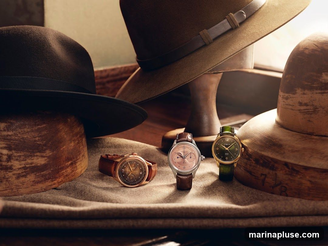 Three watches with leather straps are displayed on a textured surface, possibly felt or wool. Behind the watches, three hats are arranged on wooden hat blocks. The hats are of different styles and colors, including a dark brown fedora, a lighter brown hat with a leather band, and a beige hat. The lighting is warm and highlights the details of the watches and hats.