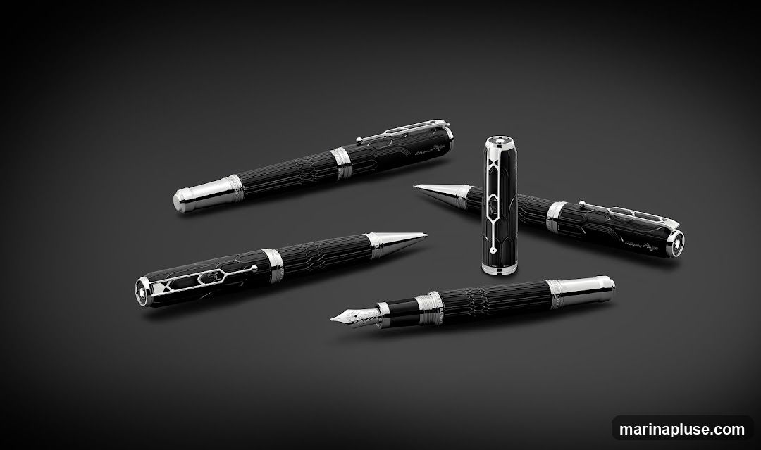A collection of five black and silver luxury pens arranged on a dark grey background. One pen is a fountain pen with its nib exposed. Another pen has its cap off, revealing the inner mechanism. The pens feature intricate patterned barrels and polished silver accents.
