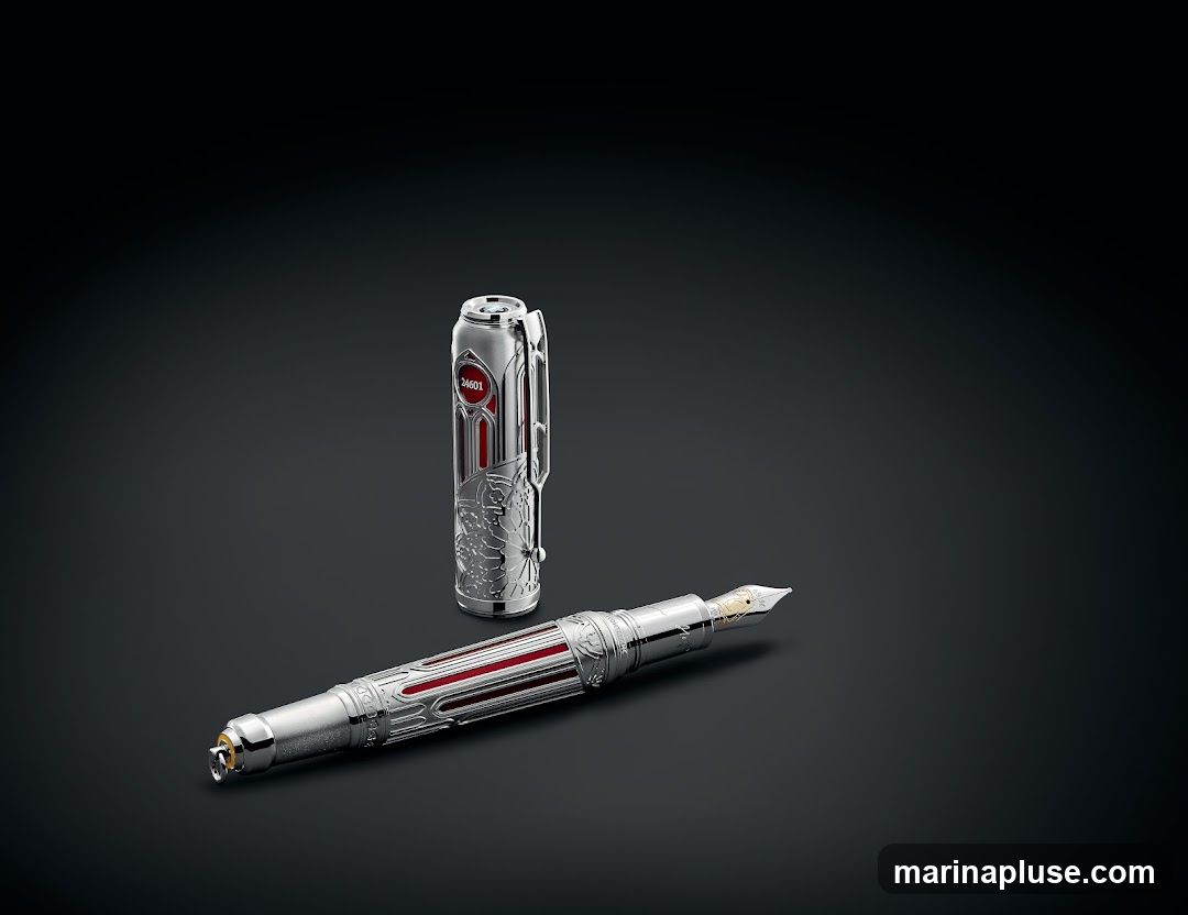 A close-up studio shot of a limited edition fountain pen and its cap, displayed on a dark, reflective surface. The pen and cap are made of silver-toned metal with intricate detailing and red accents. The cap features a clip and a red circular emblem with the number '24601' inscribed. The pen barrel also has red inlay details and ornate metalwork. The nib of the pen is visible and appears to be gold-toned.