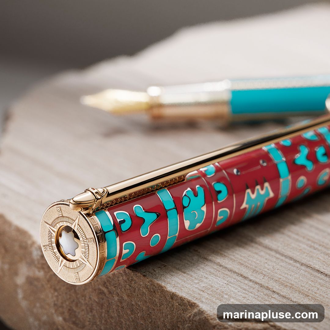 A close-up shot of a decorative fountain pen with a red barrel adorned with turquoise patterns. The pen has gold accents and a gold nib is visible in the blurred background. The pen rests on a textured surface, possibly wood or stone.