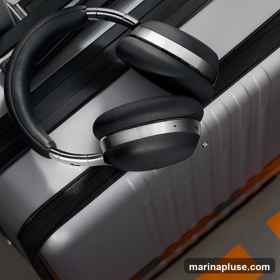 A pair of black over-ear headphones with silver accents rests on top of a silver suitcase. The headphones are positioned diagonally across the suitcase, with the earcups facing upwards. The suitcase has a textured surface and a black zipper. The background is out of focus, but appears to be a floor with orange markings.