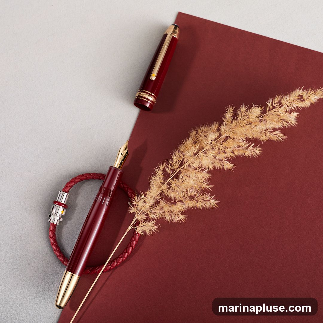 A close-up, top-down view of a burgundy fountain pen with gold accents, lying on a braided red leather bracelet. The pen's cap is detached and placed above it. A dried wheat stalk rests diagonally across a burgundy surface, with a light gray surface to the left.