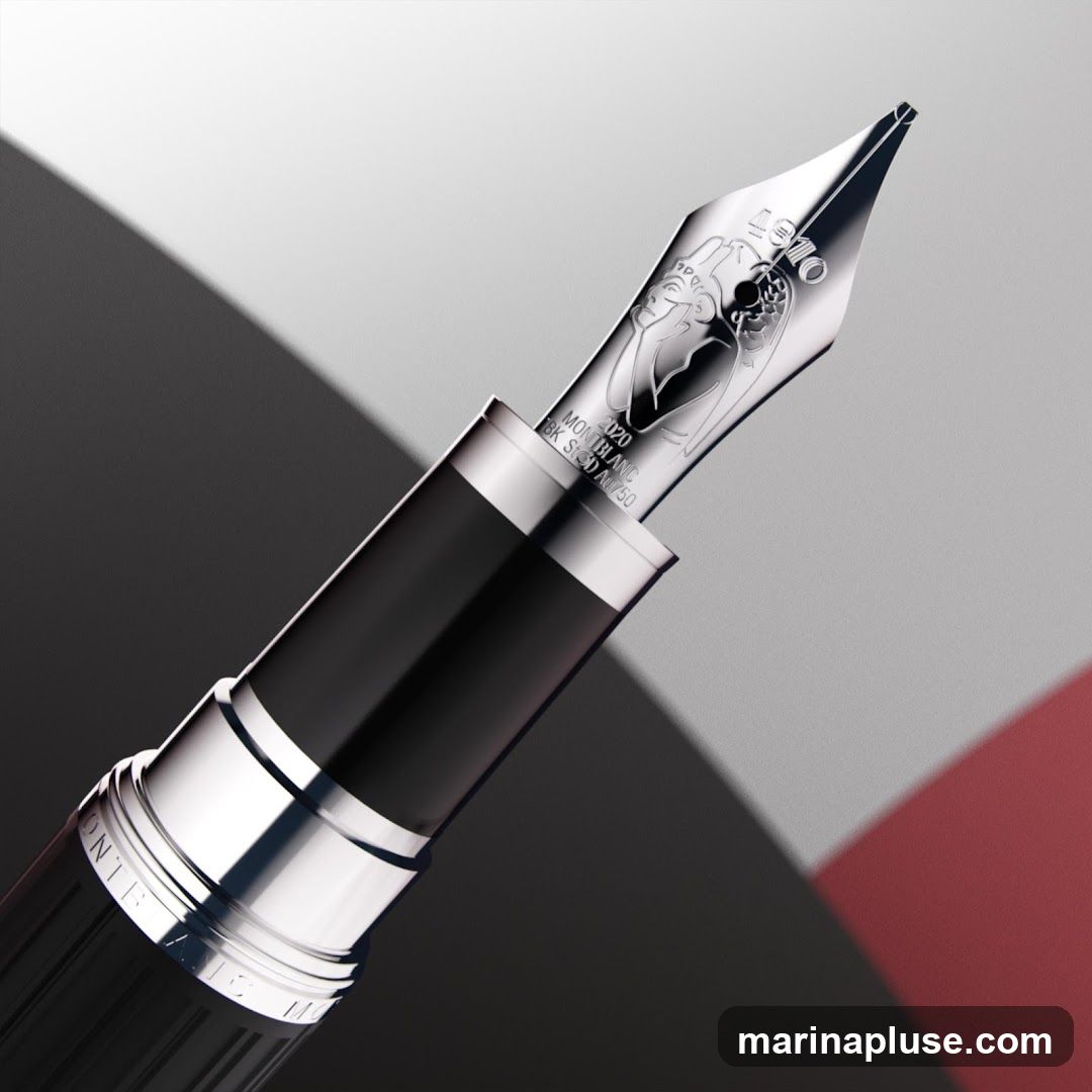 A close-up, detailed shot of a Montblanc fountain pen. The nib is intricately engraved with a design and the text "2020 MONTBLANC 18K 585 AU750". The pen has a black barrel and polished silver accents. The background is a gradient of grey and white with a subtle red curve.