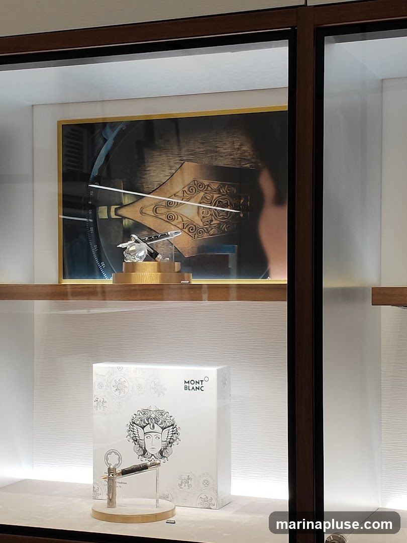 A display case featuring Montblanc products. In the upper section, a framed image shows a close-up of a fountain pen nib with intricate detailing. Below, a Montblanc box is displayed with a fountain pen resting on a stand in front of it. The box has decorative patterns and the Montblanc logo.
