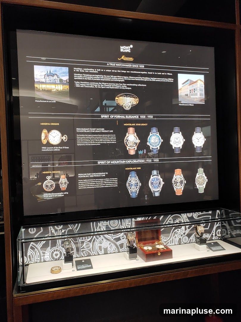 A display case featuring Montblanc watches and historical information. The display includes images and text about the brand's history, focusing on Minerva origins and the Spirit of Formal Elegance and Mountain Exploration collections. Several watches are showcased in the display case below the informational panel.