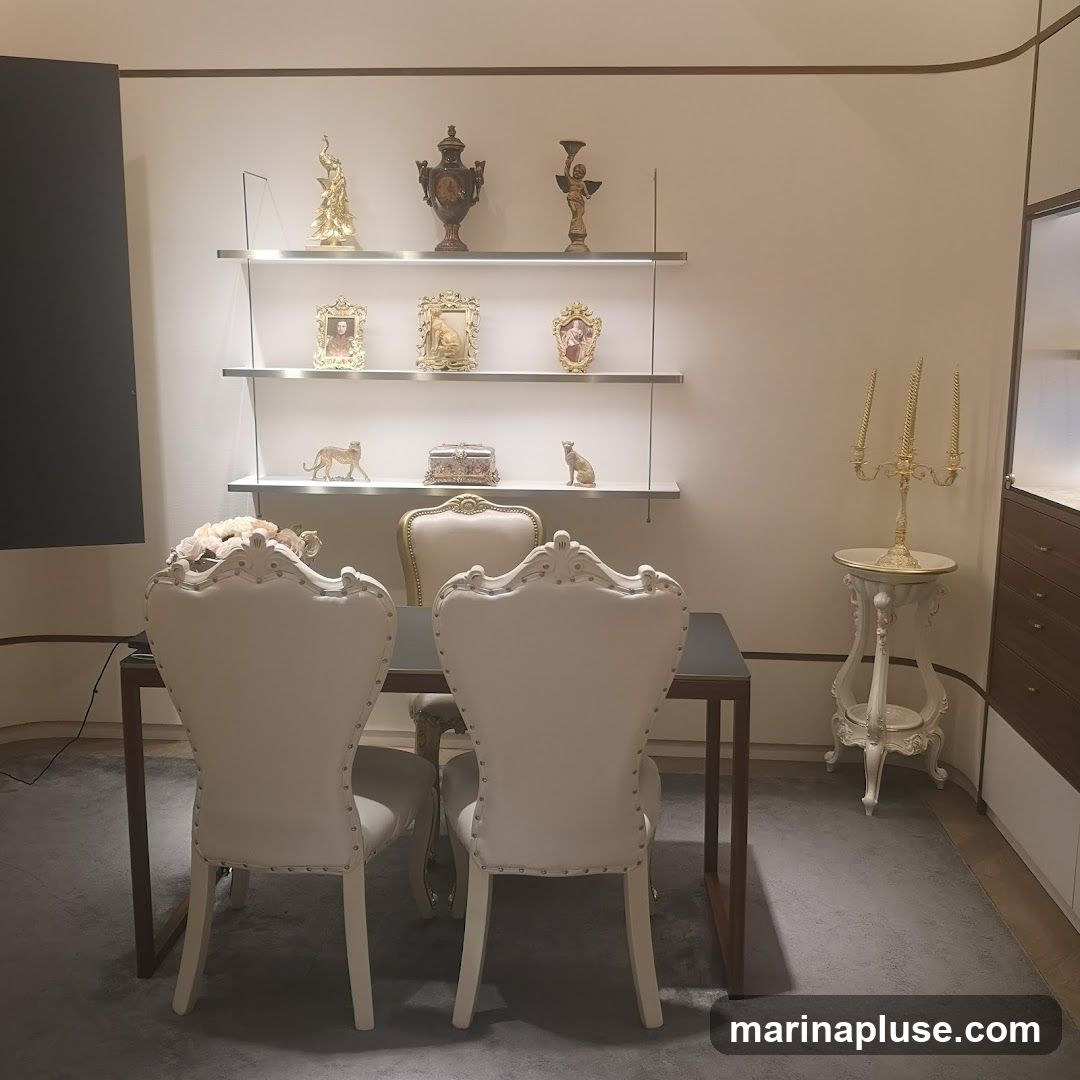 A formal dining area is set with two ornate white chairs facing a dark table. Behind the chairs, a display shelf holds various decorative items, including figurines of a peacock, a vase, and an angel, as well as framed pictures and animal sculptures. To the right, a decorative stand holds a golden candelabra. The room features a neutral color palette with white walls and a grey carpet.
