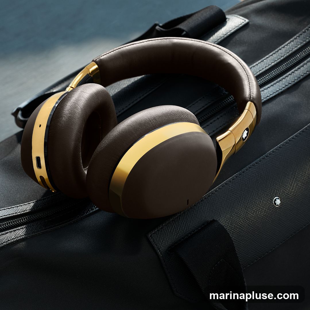 A pair of brown leather and gold Montblanc headphones rests on a black textured bag. The headphones have gold accents on the earcups and headband. The Montblanc logo is visible on the side of the headband.