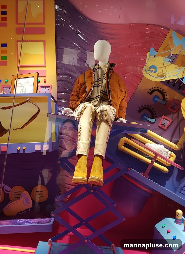 A mannequin is displayed in a vibrant and colorful window display. The mannequin is dressed in a brown puffer jacket, a striped scarf, light-colored pants with fringe detailing, and yellow boots. The background features abstract shapes and patterns in shades of pink, purple, yellow, and blue, creating a whimsical and artistic scene. A handbag is visible on a shelf to the left, and a white sneaker is displayed on a rack to the right.