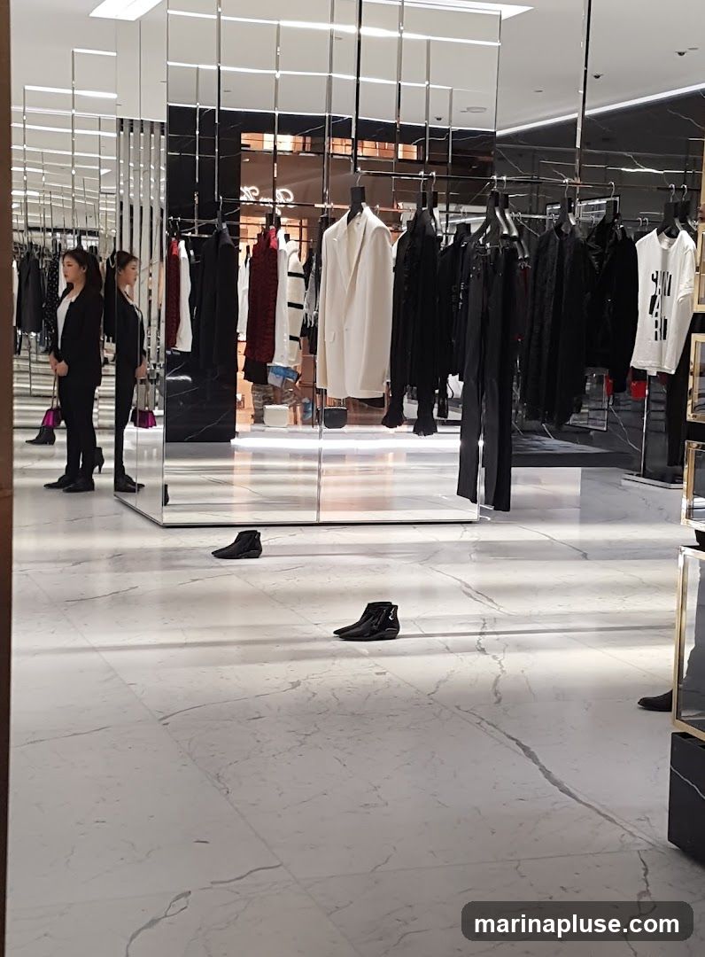 A well-lit, modern luxury fashion store interior with marble floors and mirrored walls. Racks of clothing, including jackets, dresses, and t-shirts, are displayed. Two female employees in black suits stand near a display. Several pairs of black boots are placed on the floor as part of the display.