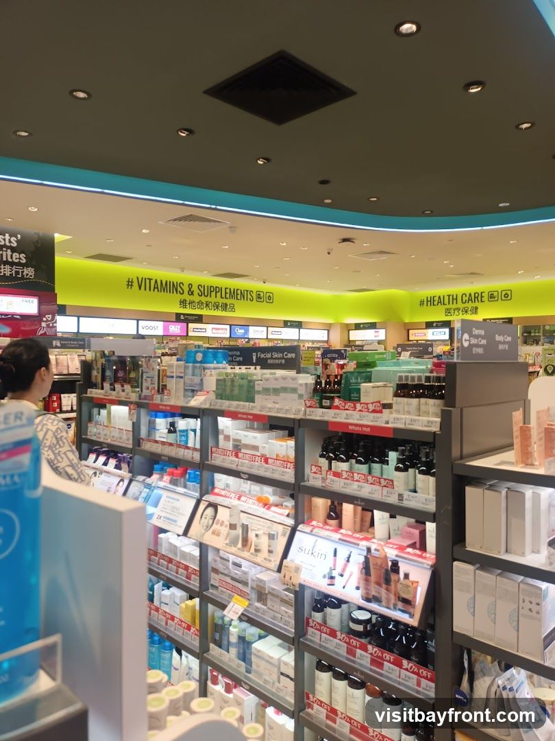A view of the interior of a health and beauty store, with shelves stocked with various skincare, vitamins, supplements, and health care products. Signs indicate sections for "Vitamins & Supplements" and "Health Care." Several products are displayed with "30% OFF" sale signs. A woman is visible on the left side of the image browsing the shelves.