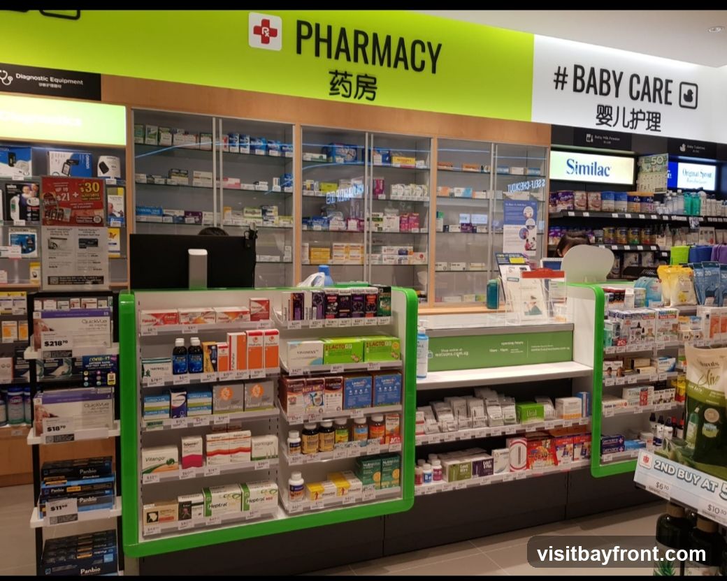 The interior of a pharmacy with shelves stocked with various health and baby care products. A counter is visible in the foreground with promotional signage.
