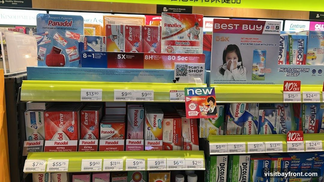 A retail display shelf stocked with various over-the-counter medications, including Panadol, Panaflex, Zyrtec-R, and others. Promotional signage and price tags are visible.