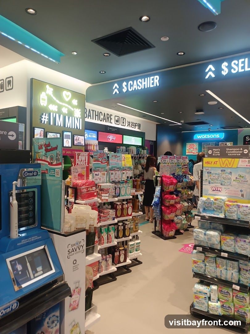The image shows the interior of a Watsons store, a health and beauty retailer. Aisles are stocked with various products including oral care, bath care, shampoo, conditioner, and diapers. Signage indicates a cashier and selection areas. Neon lights and bright displays create a well-lit shopping environment.
