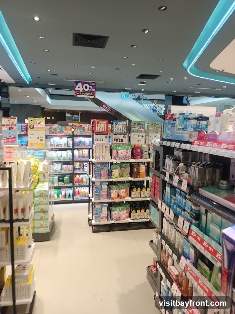 Interior view of a store selling cosmetics and skincare products. Shelves are stocked with various items, and promotional signs are visible, including one advertising "40% OFF ALL MAKEUP!". Another sign indicates "EVERYDAY LOW PRICE" with items priced at $6.95 and a "BUY 2 GET 1 FREE" offer. Discounts of "25% OFF" are also displayed on some products.