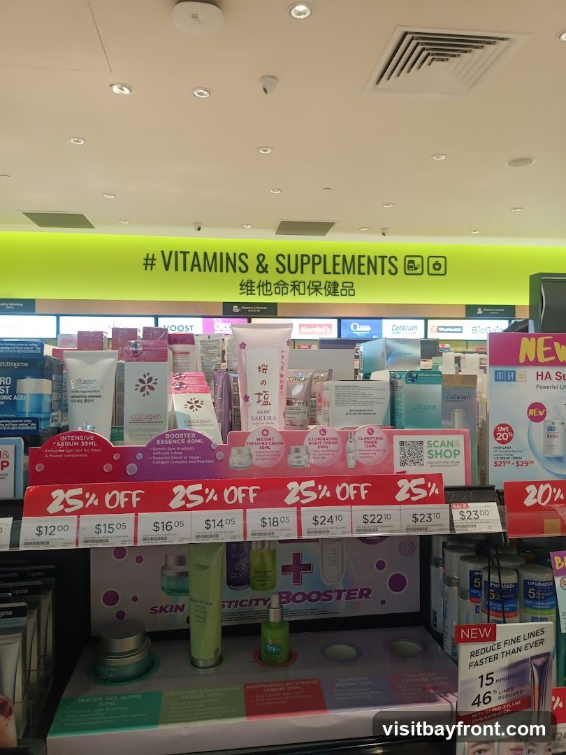 A retail display featuring various skincare products and supplements. A prominent neon green sign reads "#VITAMINS & SUPPLEMENTS" in English and Chinese. Below, a red banner advertises "25% OFF" with prices listed for several items, ranging from $12.00 to $24.10. Various bottles and tubes of skincare products, including collagen serums and creams, are displayed. A section highlights "SKIN ELASTICITY BOOSTER" and another promotes "REDUCE FINE LINES FASTER THAN EVER" with a 15-minute claim.