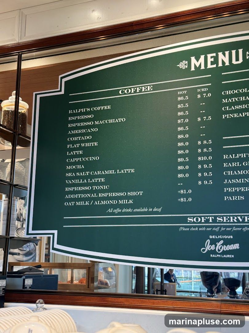 A green menu board with white text listing coffee and soft serve ice cream options.