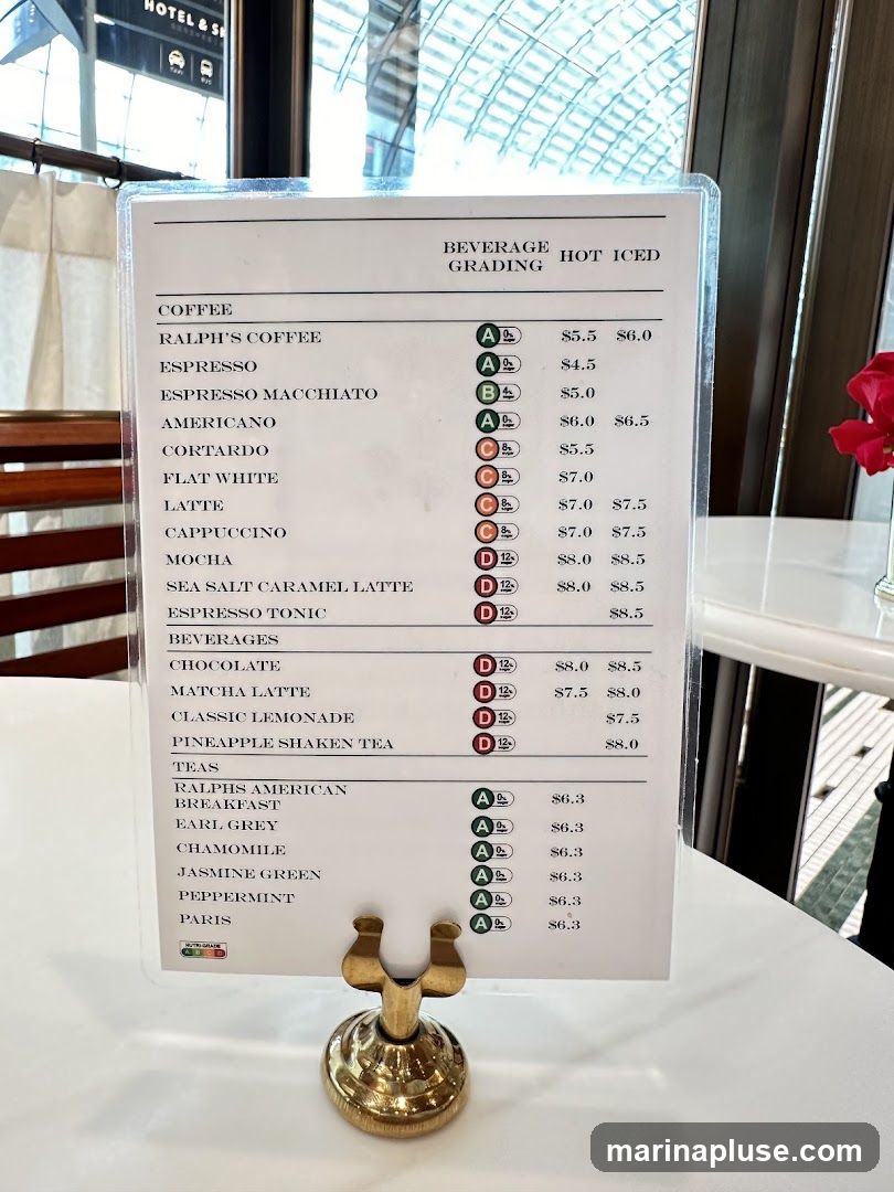 A menu displaying beverage options with grading and prices for hot and iced versions.