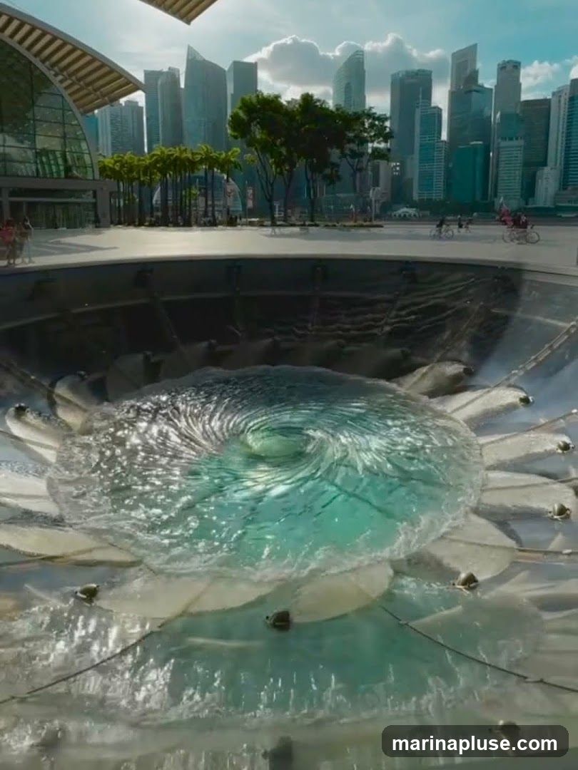 A large, circular fountain with swirling water is in the foreground. The water is a vibrant turquoise color and appears to be moving in a vortex. The fountain has a petal-like design around its edge. In the background, a modern city skyline with tall skyscrapers is visible under a bright, cloudy sky. Palm trees and other greenery are scattered between the fountain and the buildings. People are seen walking and cycling in the distance.