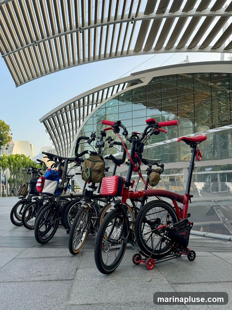 A row of foldable bicycles, many with red accents, are parked on a paved walkway. The bicycles are equipped with bags and accessories. Behind them is a modern building with a curved glass facade and a distinctive slatted roof structure. The sky is clear and blue.