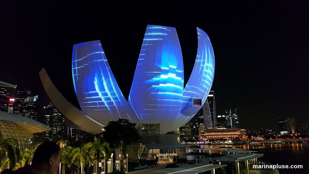 The ArtScience Museum in Singapore is illuminated with blue and white light projections at night. The building's distinctive lotus-like structure is visible against the dark sky, with the city skyline and a body of water in the background. Palm trees and other foliage are present in the foreground.