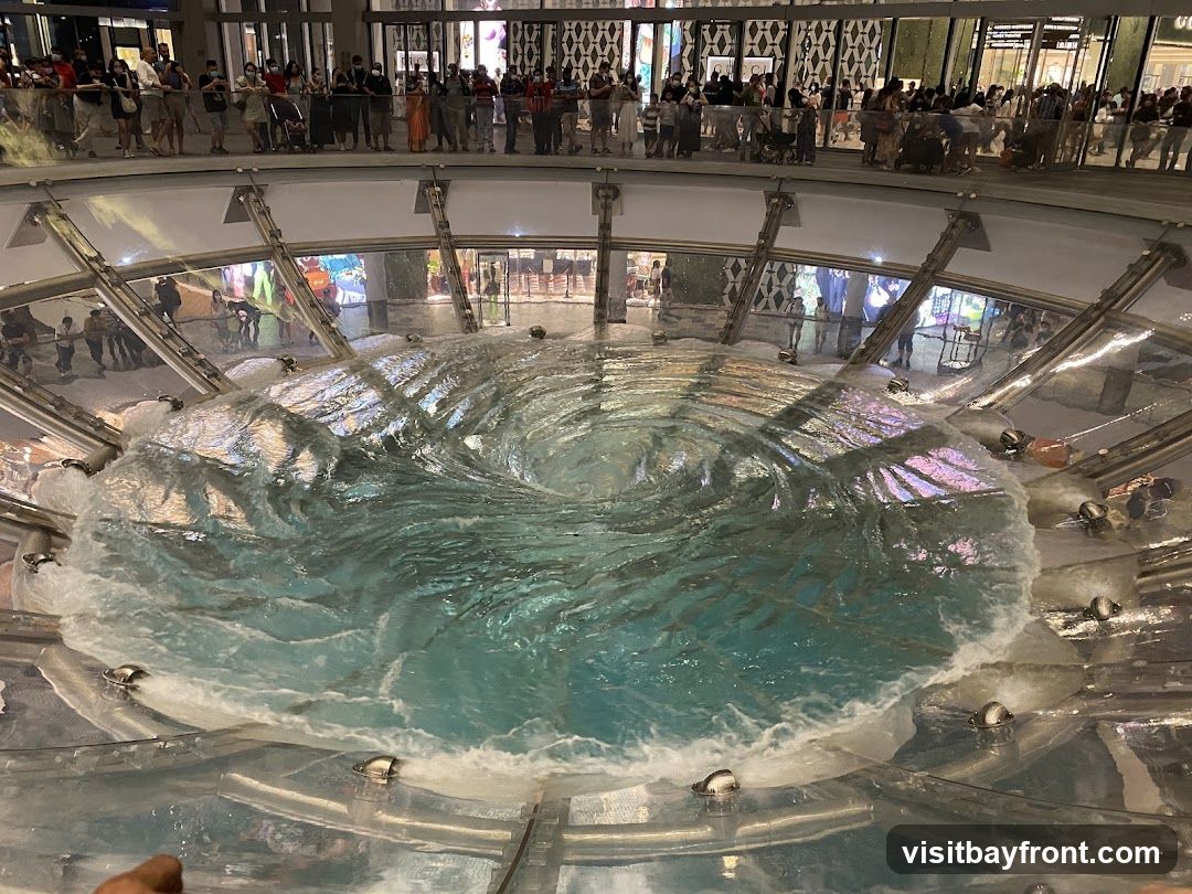 A large, circular indoor fountain creates a vortex effect with swirling turquoise water. People are gathered on an upper level, observing the spectacle. The surrounding architecture suggests a modern shopping mall or public space with reflective surfaces and bright lighting.