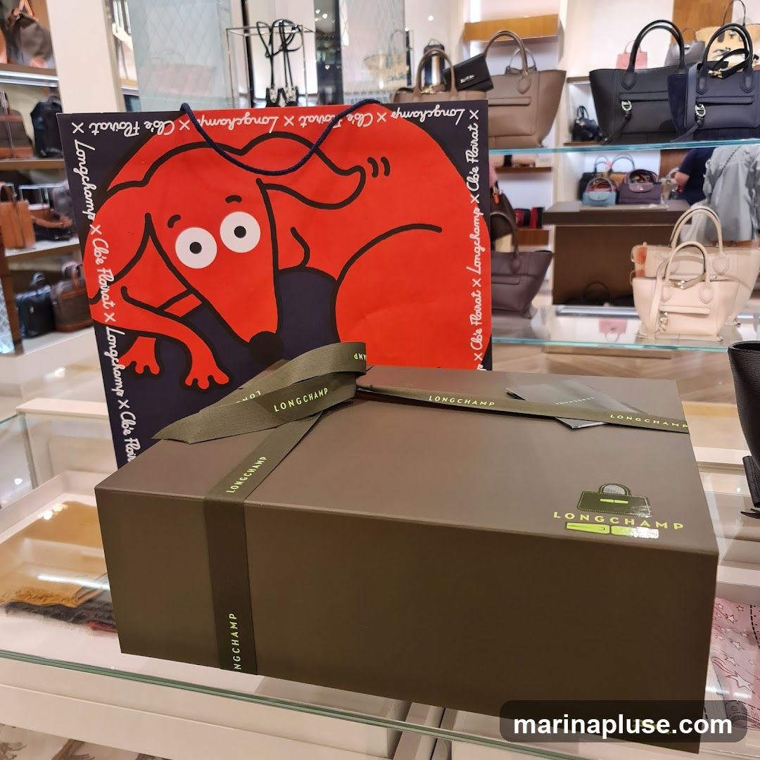 A brown Longchamp gift box is tied with a green ribbon featuring the Longchamp logo. Behind it is a large red shopping bag with a cartoon dog illustration and repeated Longchamp branding. The background shows shelves stocked with various Longchamp handbags in a retail store setting.