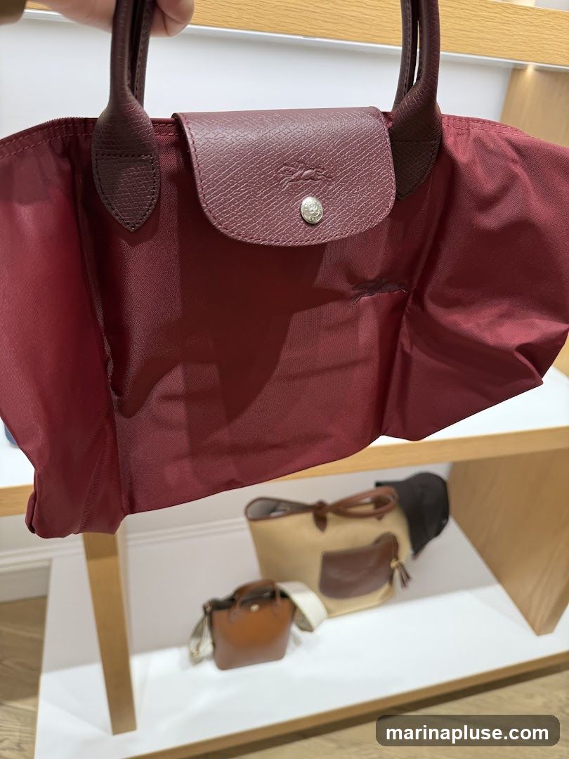 A maroon handbag with leather trim and handles is held up, with other handbags visible on a shelf below.