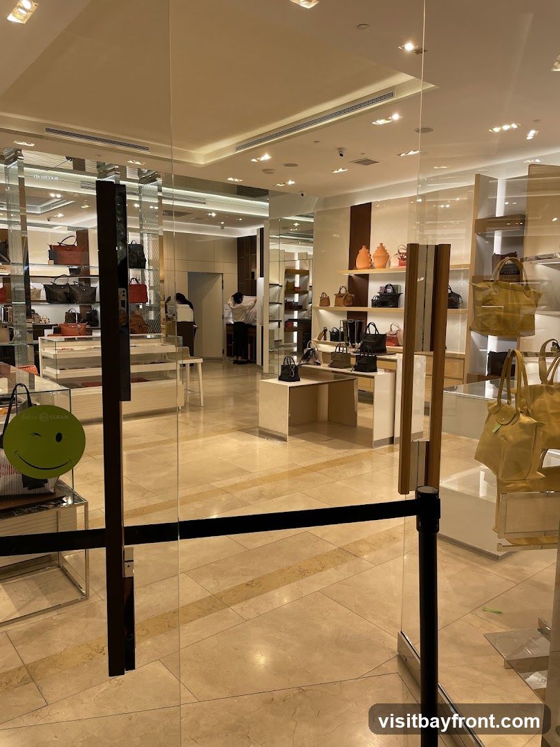 A view into a store selling handbags. The store has a clean, modern aesthetic with bright lighting. Shelves are stocked with various bags in different colors and styles. Some bags are displayed on mannequins or stands. There are also some decorative items on shelves. Two employees are visible in the background, one assisting a customer. A green smiley face sticker is visible on a display case near the entrance.