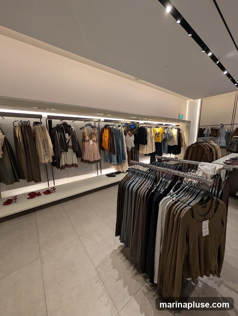 A view inside a clothing store, showcasing racks of apparel. The merchandise includes dresses, tops, and pants in various neutral tones and some brighter colors. Red high-heeled shoes are displayed on a shelf. The store appears well-lit with modern track lighting.