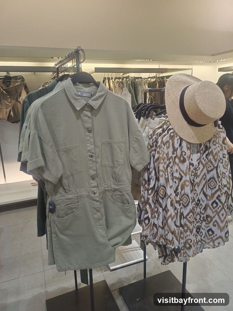 A display of women's clothing in a store. In the foreground, a light green jumpsuit is on a hanger, and next to it, a patterned blouse is on a mannequin head adorned with a straw hat. In the background, racks of other clothing items are visible.
