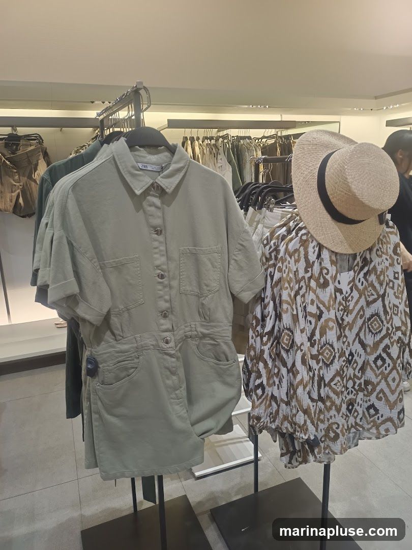 A display of women's clothing in a store. In the foreground, a light green jumpsuit is on a hanger, and next to it, a patterned blouse is on a mannequin head adorned with a straw hat. In the background, racks of other clothing items are visible.